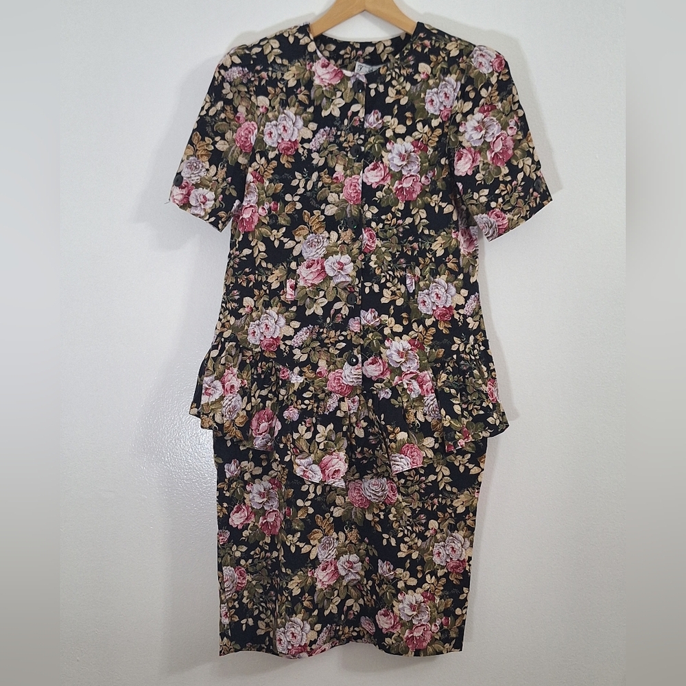 VINTAGE TF Chic Floral Midi Dress in Black and Pink